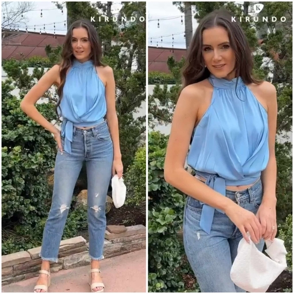 NWT Kirundo Sky Blue Satin Silk Crop Halter Sleeveless Tie Blouse Top Shirt M - Picture 10 of 11